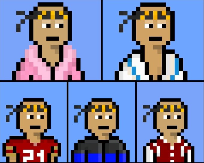 A pixel art collage displays five identical characters with braided hair styled differently and wearing various outfits (pink, white, red #21, blue, red) arranged in a grid against a blue background.
