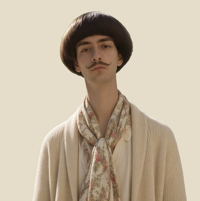 A young man with a bowl haircut and curled mustache wears a cream cardigan with a floral scarf against a beige background.