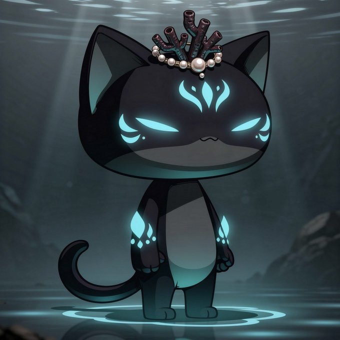 An illustration of a black cat with glowing cyan eyes and patterns, wearing a coral-like crown, standing in shallow water.