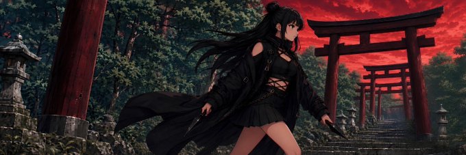 An anime-style illustration of a dark-haired female character in a black gothic outfit holding weapons, standing on stone steps before red torii gates under a crimson sky.