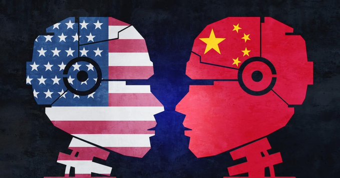 A political graphic shows two robotic heads facing each other, the left colored with the American flag and the right with the Chinese flag, set against a dark blue background.