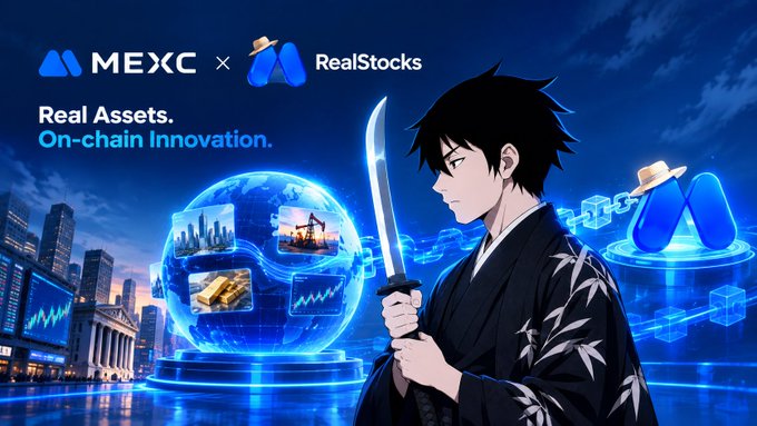 An anime-style promotional graphic for MEXC x RealStocks featuring a swordsman character, with the tagline 'Real Assets. On-chain Innovation.'