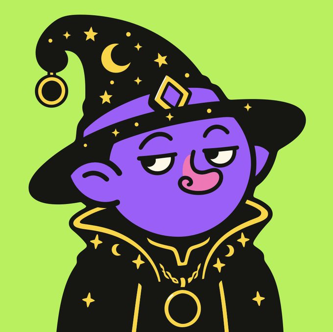 A cartoon illustration of a purple-skinned wizard character wearing a black star-and-moon-decorated hat and robe against a green background.