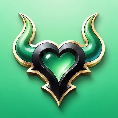 A 3D-rendered emblem featuring a black heart with green flame-like wings and gold trim on a green background.