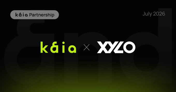 A promotional graphic for a 'k6ia × XYLO' Partnership dated July 2026, featuring a dark background with neon green accents.