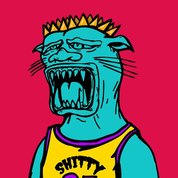 The image depicts a cartoonish blue creature with spiky yellow hair, an open mouth with fangs, wearing a yellow jersey that reads "SHITTY" — a popular NFT meme referencing the cringey culture around NFT avatars. Its exaggerated, aggressive expression humorously illustrates the poster's ironic enthusiasm that "NFTS are so back" on the XRP community.

Relevant text visible: "SHITTY" (partially visible jersey text).