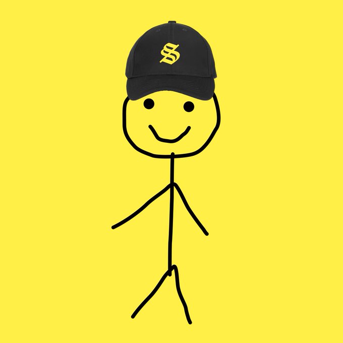 A simple stick figure with a smiling face wears a black baseball cap featuring a stylized 'S' logo against a bright yellow background.