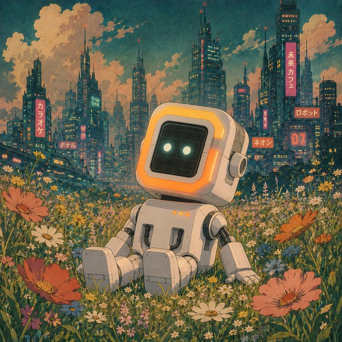 A small robot with glowing eyes sits peacefully in a vibrant field of wildflowers, gazing toward a sprawling futuristic cityscape at dusk adorned with Japanese neon signs reading "未来カフェ" (Future Cafe), "ロボット" (Robot), "ネオン" (Neon), and "カラオイ" (Karaoke). The scene perfectly captures the essence of "touching grass"—a moment of quiet, grounded reflection amid the hum of high-tech urban life.