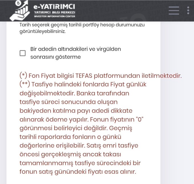 A screenshot from the e-Yatırımcı (Investor Information Center) platform displays a new explanatory note from MKK clarifying that for funds in liquidation with pending settlement, the price on the day of sale is used as the basis, rather than the "0" displayed price. The note also mentions that fund price information is delivered from the TEFAS platform and includes a checkbox option to display numbers after the decimal point.