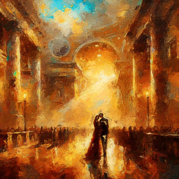 An impressionistic oil painting depicting a couple embracing in a grand, warmly lit hall with vaulted ceilings, illuminated columns, and architectural arches bathed in golden and orange light.