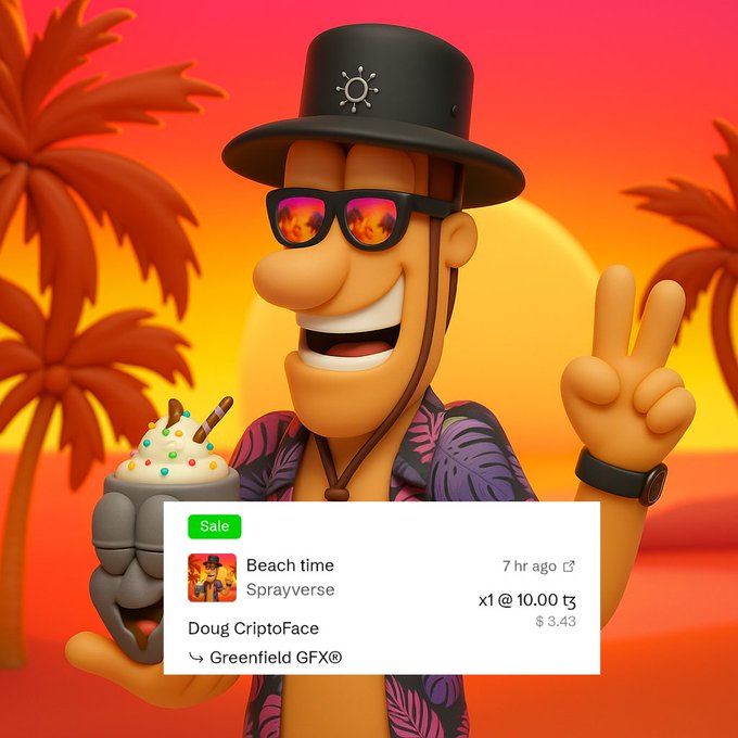 A 3D cartoon character with a bucket hat and flame-reflecting sunglasses holding a tiki drink at sunset, overlaid with a sale notification for a 'Doug CriptoFace' NFT (Beach time) sold for 10.00 tę.
