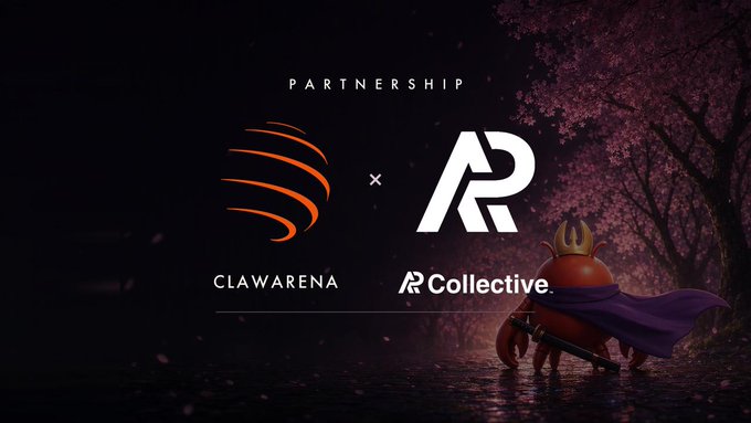 A partnership announcement between 'CLAWARENA' and 'AR Collective' with a crab character wearing a crown and cape against a cherry blossom background.
