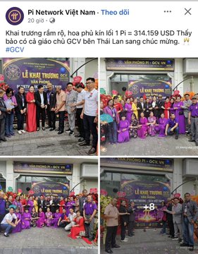 A Vietnamese Pi Network post congratulating teacher Lê Khai Trường on receiving 1 Pi valued at 314.159 USD, showing photos of him with students in school uniforms.