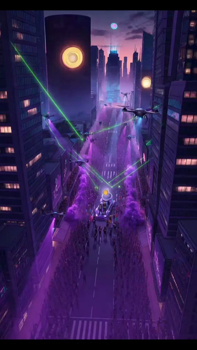 The image features a cityscape with tall buildings, including skyscrapers, and a large group of people walking down a street at night. The scene has purple lights illuminating the area, creating an atmosphere of excitement or celebration. There are also several airplanes flying overhead in various positions within the frame. The post includes text that reads "My new song for @StartaleGroup Arsal l Starsinger @WatanabeSota big thanks for working hard and helping to growing @soneium and startale community shoutout to my brotha dear @0xRamz thanks to dear @businessj386 and my @AstarNetwork family dear @Juminstock".