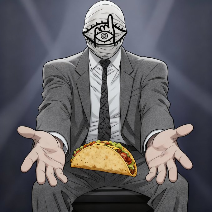 An illustration of a mysterious figure in a gray suit with a white shirt and black tie, whose head is wrapped in bandages featuring a single large eye symbol, holding a taco between outstretched hands.