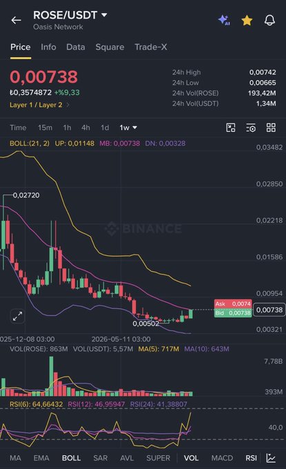 A candlestick chart on Binance displays the weekly price action of ROSE/USDT (Oasis Network), currently trading at $0.00738 with a 9.33% gain, showing the price testing resistance near $0.00738 toward the $0.011 target mentioned in the bullish post.