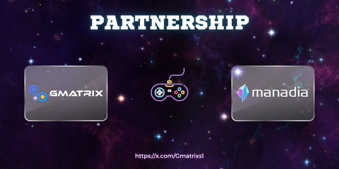 The image features a poster with two logos for companies named Gmatrix and Manadia. The text "Partnership" is written above both logos, indicating that these two companies are forming a partnership. Below the logos, there's a description of what this partnership will involve, which includes securing infrastructure layers for verifiable data, protected transactions, and AI-driven coordination across finance, digital assets, and AI ecosystems.