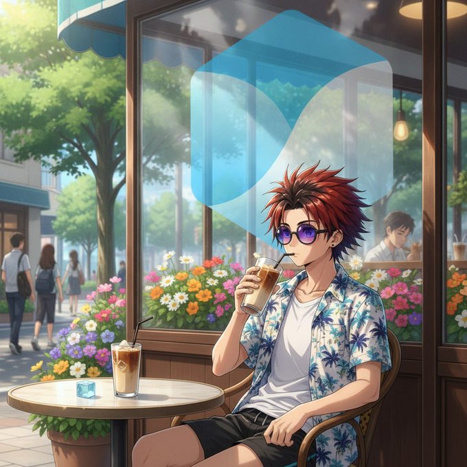 An anime-style illustration features a red-haired young man in a tropical shirt and sunglasses drinking an iced coffee at an outdoor café table, with a blue shield-shaped logo visible on the window behind him.