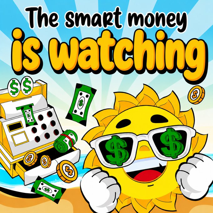 A cartoon sun wearing dollar-sign sunglasses smiles next to a cash register overflowing with money, under the bold text "The smart money is watching." The image reinforces the post's message about early-stage crypto projects like $SUMMER attracting savvy investors before mainstream attention arrives, visually representing the watchful, money-eyed observer waiting to see which new tokens break out.
