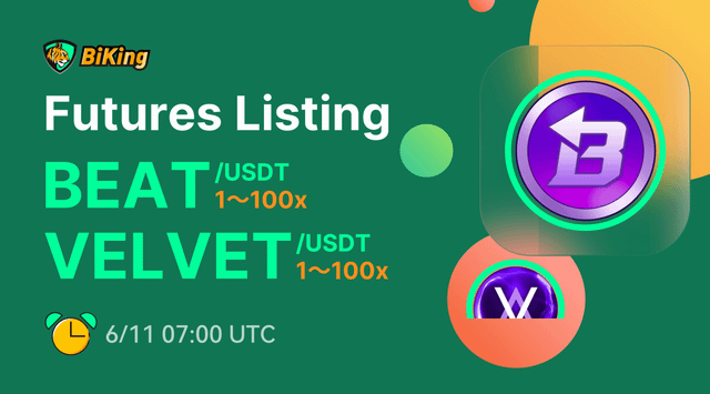 The image features a green background with white text that reads "Futures Listing" followed by a list of trading pairs, including "BEAT/USDT", "VELVET/USDT", and "1-100x". The text also includes an event date and time, which is 6:11 PM USDT.