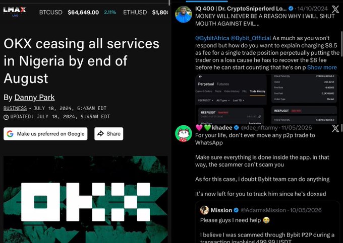 A collage of crypto news: a headline reading 'OKX ceasing all services in Nigeria by end of August' by Danny Park, and a tweet from Dr. CryptoSniperlord warning about perpetual trading fees and P2P scams on Bybit.