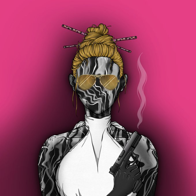 A stylized illustration of a female character with a marble-textured face, blonde bun with sticks, aviator sunglasses, and holding a smoking gun, set against a pink background.