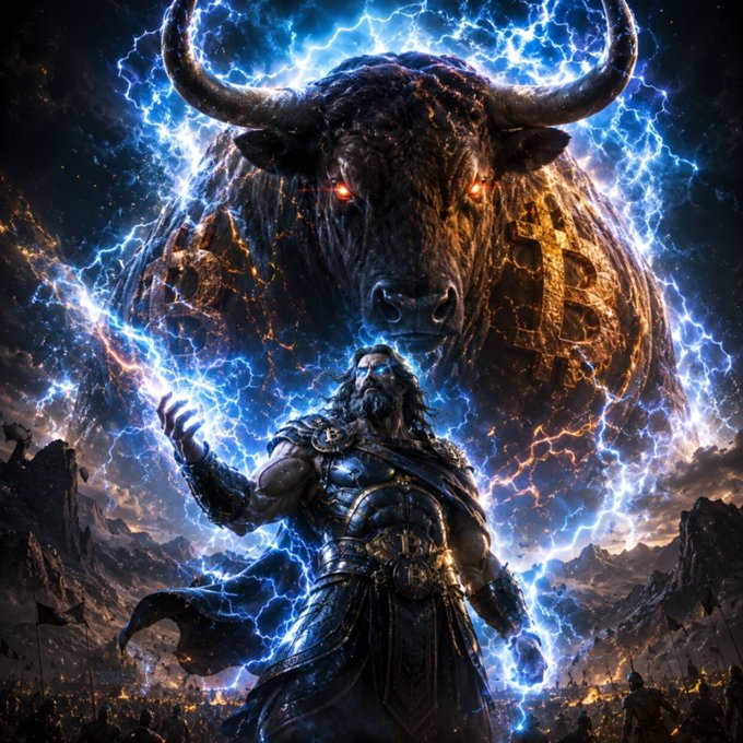A fantasy digital illustration depicts a powerful warrior channeling glowing blue electricity before a massive, ominous bull with glowing red eyes, set against a dramatic sky with banners waving below.