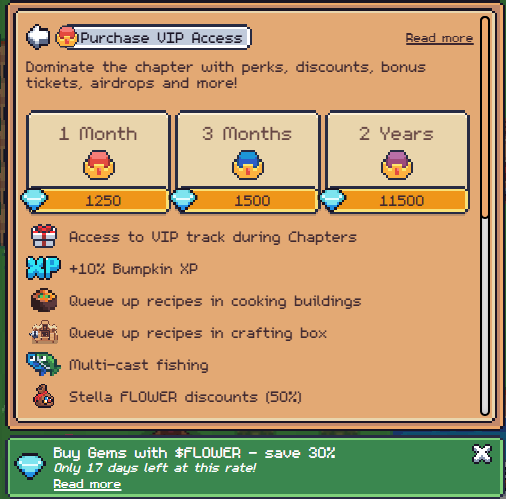 A pixel art VIP membership purchase screen for a game offering 1 Month, 3 Months, and 2 Years tiers for 1250, 1500, and 11500 gems, with perks like VIP track access, +10% Bumpkin XP, and Stella FLOWER discounts.