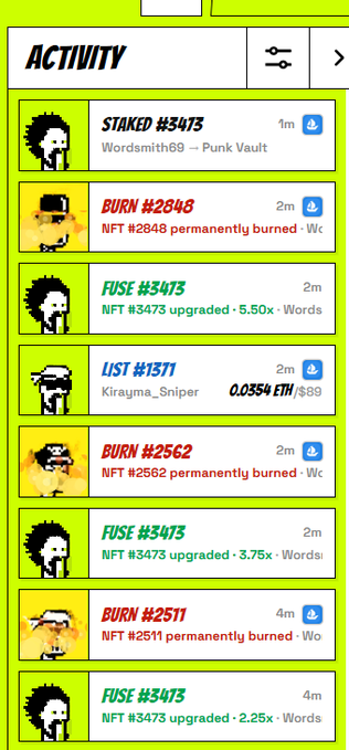 A mobile app activity feed showing NFT transactions on the Wordsmither collection, including staked, burned, listed, and fused events with various user avatars and ETH prices on a bright yellow background.