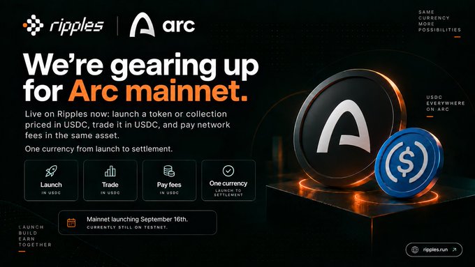 Promotional banner from Ripple announcing readiness for Arc mainnet, highlighting features like Launch in USDC, Trade in USDC, and Pay fees in USDC, with mainnet launching September 16th.