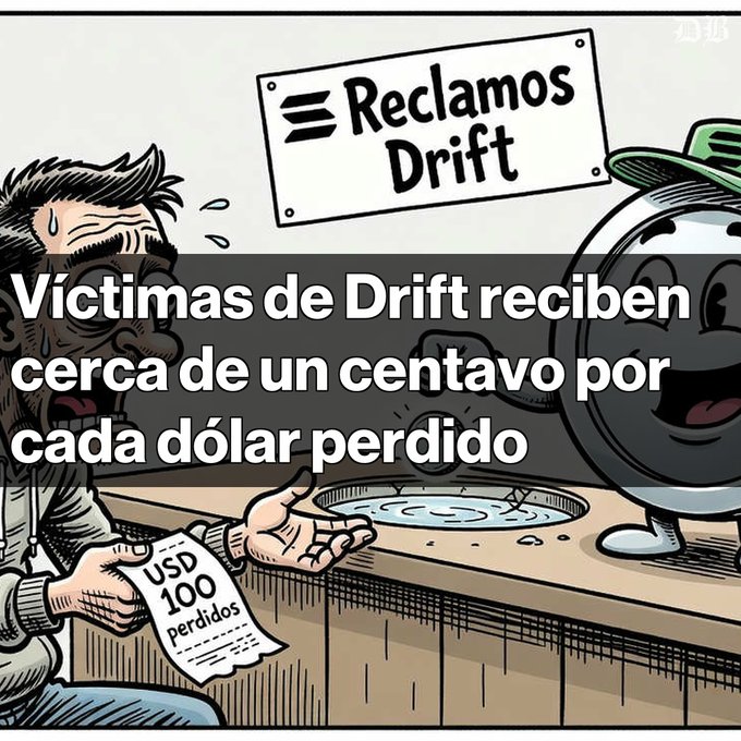 A cartoon illustration with the text 'Reclamos Drift' and 'Víctimas de Drift reciben cerca de un centavo por cada dólar perdido', showing a distressed man holding a paper labeled 'USD 100 perdidos' next to a coin character.