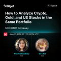The image shows two people's faces, one of which appears to be a woman, sitting next to each other in front of their computers as if they are participating in an online event or webinar about cryptocurrency and gold analysis. The text displayed on the screen indicates that this virtual meeting is related to crypto markets and US stocks. One of the participants has set a reminder for this session at 6 PM, which is scheduled for 4 PM. It seems like there might be a $100 USDT giveaway associated with this event or webinar as well.