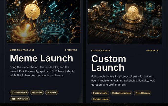 Two product launch options from a crypto platform: 'Meme Launch' (MEME COIN FAST LANE) featuring 1-20 BNB depth, BRIGID fee, LP locked, and Beacon included; and 'Custom Launch' featuring Custom vaults, Custom schedules, Tiered Beacon, and Detailed review.
