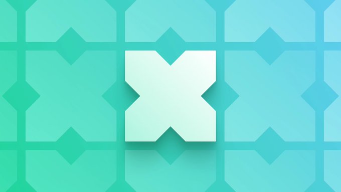 A teal and green gradient background with a geometric pattern features a white 'X' or cross-like logo in the center.