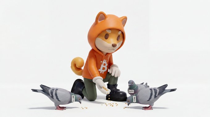 A 3D-rendered Shiba Inu character wearing an orange hoodie featuring the Bitcoin "₿" logo kneels to feed pigeons, which are tagged with "$DOG" labels, playfully illustrating the "$DOG" meme by combining crypto dog imagery with Bitcoin branding.