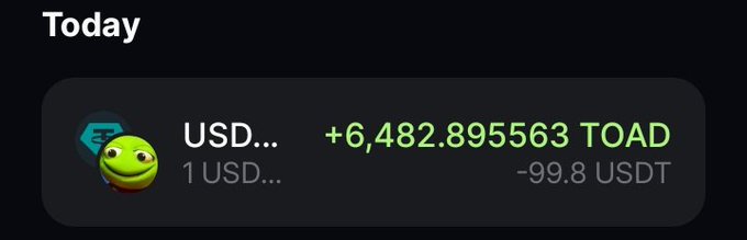 The image shows a crypto transaction summary displaying a "Today" purchase of "+6,482.895563 TOAD" with a cost of "-99.8 USDT." It relates to the post by showcasing the user's recent purchase of $TOAD tokens, supporting their call for the token's price to rise.