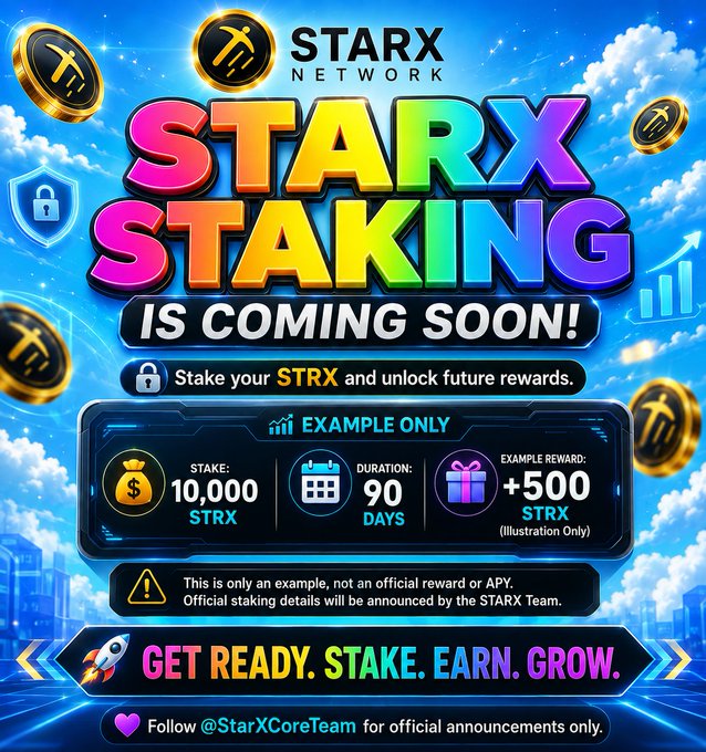A colorful promotional graphic for 'STARX STAKING IS COMING SOON!' by STARX Network, showing an example of staking 10,000 STRX for 90 days to earn +500 STRX, with the tagline 'GET READY. STAKE. EARN. GROW.'