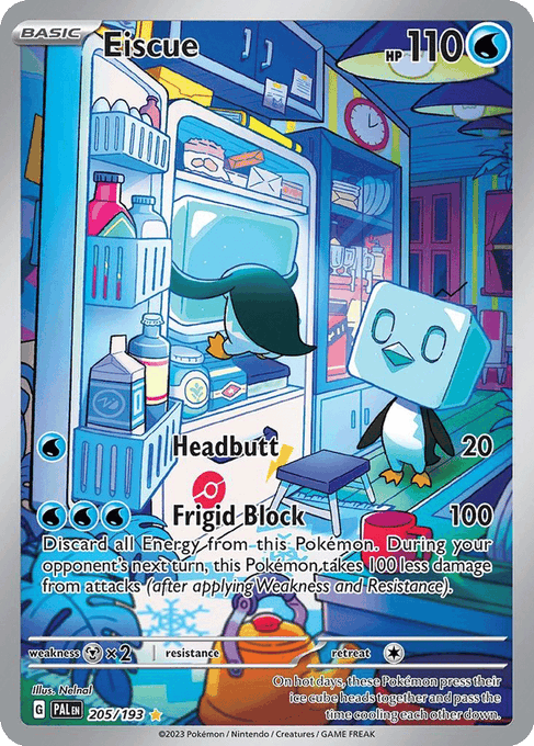 A Pokémon trading card featuring 'Eiscue' with 110 HP, illustrating the Ice Face ability, and showcasing attacks 'Headbutt' (20 damage) and 'Frigid Block' (100 damage) in a vibrant kitchen scene.
