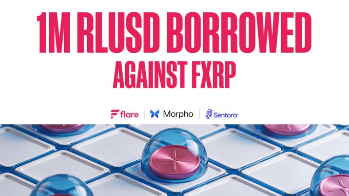 Promotional graphic with bold pink text reading '1M RLUSD BORROWED AGAINST FXP' featuring logos for Flare, Morpho, and Sentora above a 3D rendering of pink tokens in glass domes.