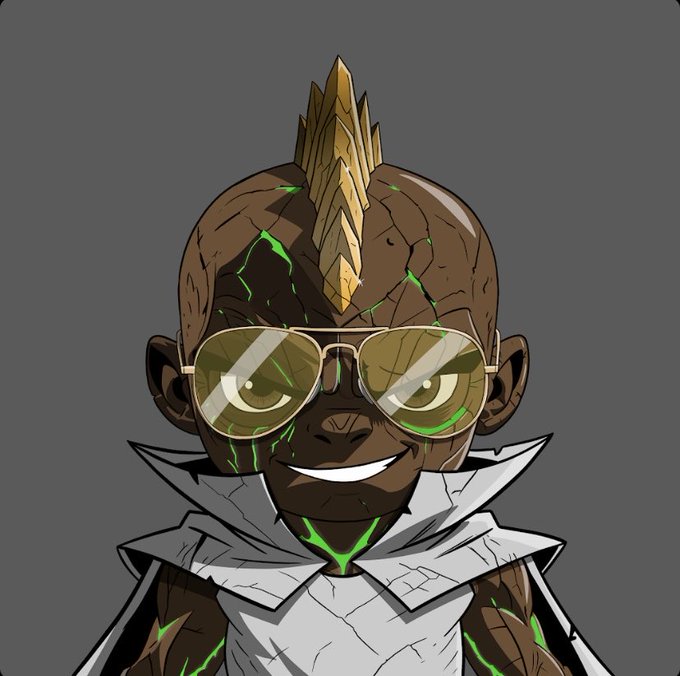 A digital illustration of a stylized character with a mohawk-like crest, wearing large aviator sunglasses, with green glowing cracks across their face and body, dressed in a white jacket against a gray background.