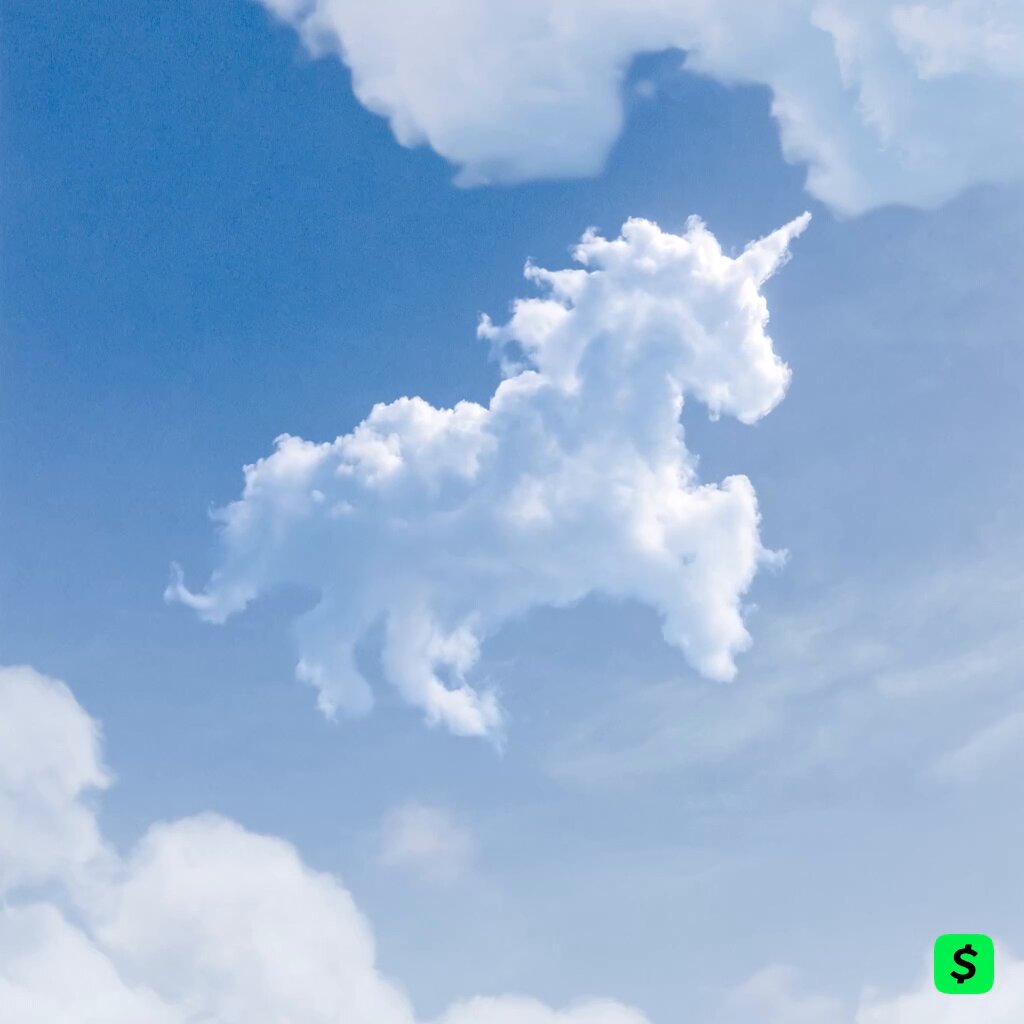 The image features a beautiful blue sky with fluffy white clouds, including one that looks like an unicorn. Below the cloud formation, there are green dollar signs floating around, creating a unique and whimsical scene. The text "@blocks $XYZ" is present in the image as well.