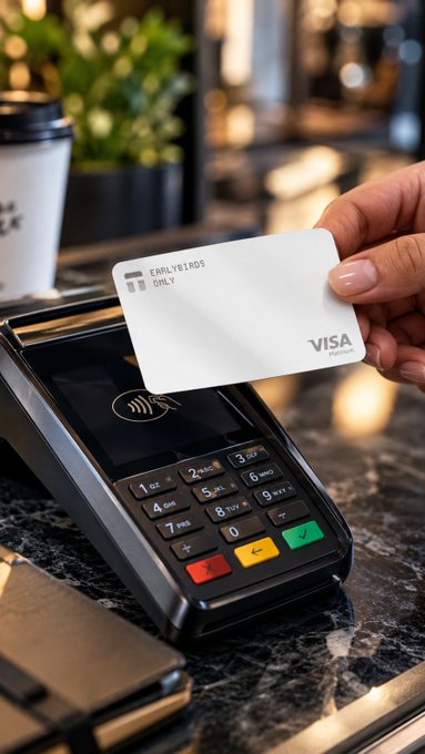 A hand holds a Visa card near a black payment terminal on a marble counter, with a coffee cup visible in the background.