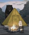 A small chibi-style character with long blonde hair sits by a campfire in front of a yellow tent in a rocky landscape.