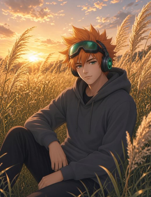 An anime-style illustration depicts a young man with spiky orange hair wearing a dark hoodie and green-tinted goggles on his head, sitting in a field of tall grass at sunset.