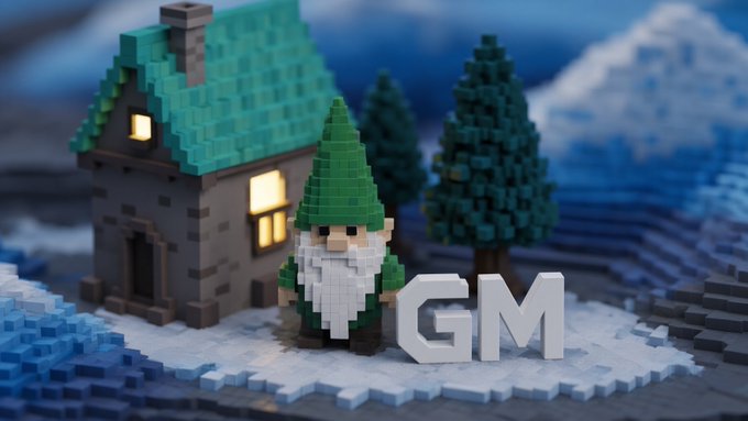 Voxel-style 3D artwork featuring a bearded gnome character standing next to a lit cottage and pine trees, with the text 'GM' displayed prominently.