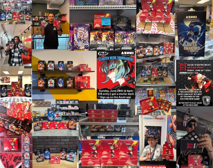 A collage of photos from the Azuki TCG launch event showcases promotional posters (including "AZUKI STARTER DECK TOURNAMENT," "AZUKI GATES AWAKENED," and a $15 entry tournament on June 28th), displays of red booster boxes and starter decks, and excited fans posing with products at the shop. The vibrant anime-style artwork and event signage align perfectly with the post celebrating Azuki TCG's launch day and its standout card art.