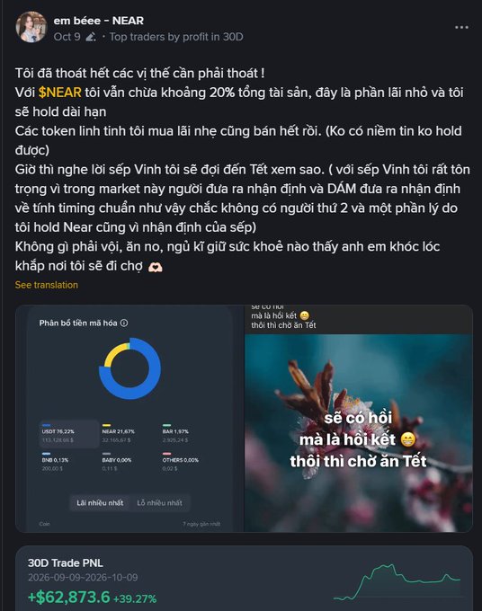 A social media post in Vietnamese by 'em bée' celebrating profits from the $NEAR token, showing a portfolio breakdown with USDT, NEAR, and BNB holdings, and a 30D Trade PNL of +$62,873.6.