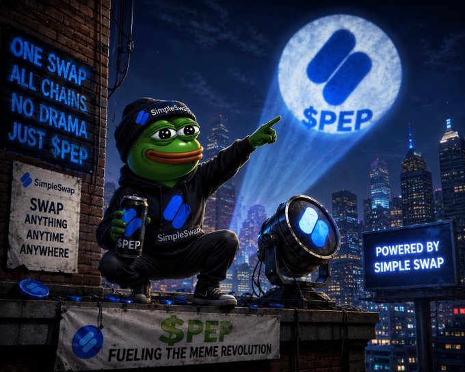 A promotional image for SimpleSwap featuring a Pepe the Frog character wearing SimpleSwap merchandise, pointing at a moon with the '$PEP' logo, with slogans like 'ONE SWAP ALL CHAINS NO DRAMA JUST $PEP' and 'POWERED BY SIMPLE SWAP'.
