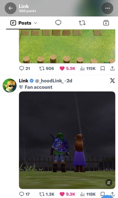 A social media profile page for "Link @_hoodLink" showing posts including a wooden fence scene and Link and Princess Zelda looking up at the sky from a video game.