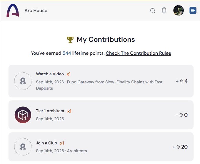 The image shows a "My Contributions" page on Arc House displaying 544 lifetime points earned through activities like watching a video (+4 points) and joining the Architects Club (+20 points), along with a "Tier 1 Architect" badge. This relates to the post by showcasing the user's newly earned Architect Role on the Arc platform, supporting their claim of qualifying for the anticipated $15,000 airdrop.